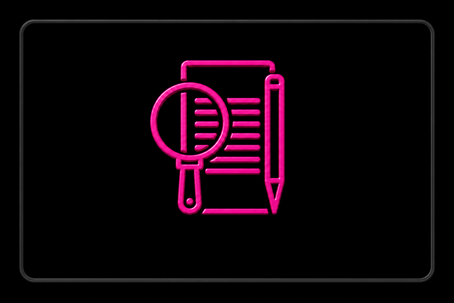 Magenta document, magnifying glass and pencil in a charcoal frame on black
