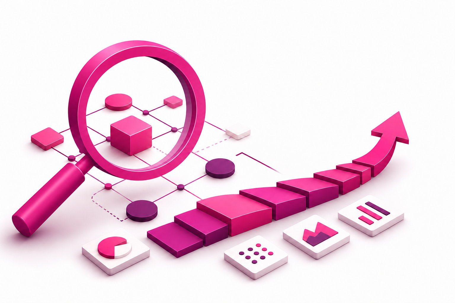 Magenta magnifying lens and strategic pathway representing business consultancy