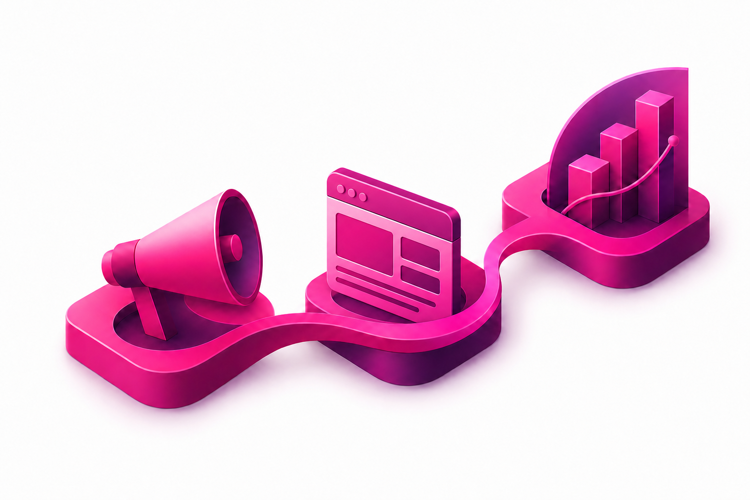 Connected magenta megaphone, website tile and analytics chart representing marketing services