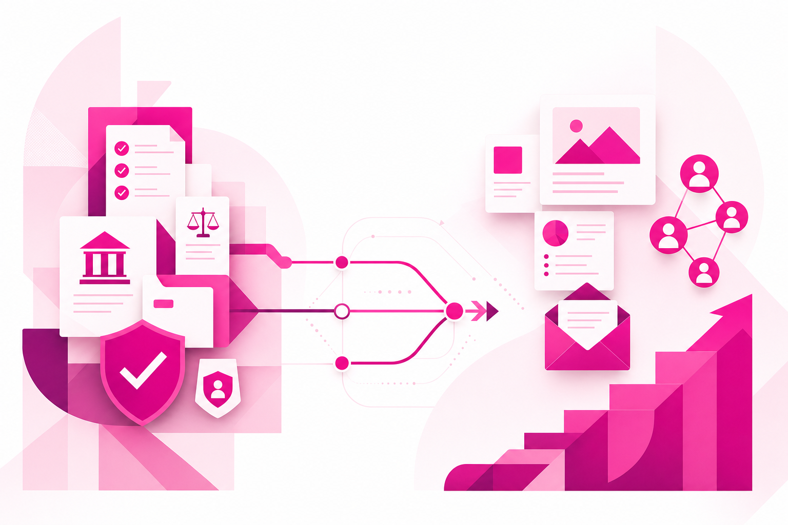 White and blush geometric illustration showing specialist expertise becoming coordinated marketing growth, with magenta accents