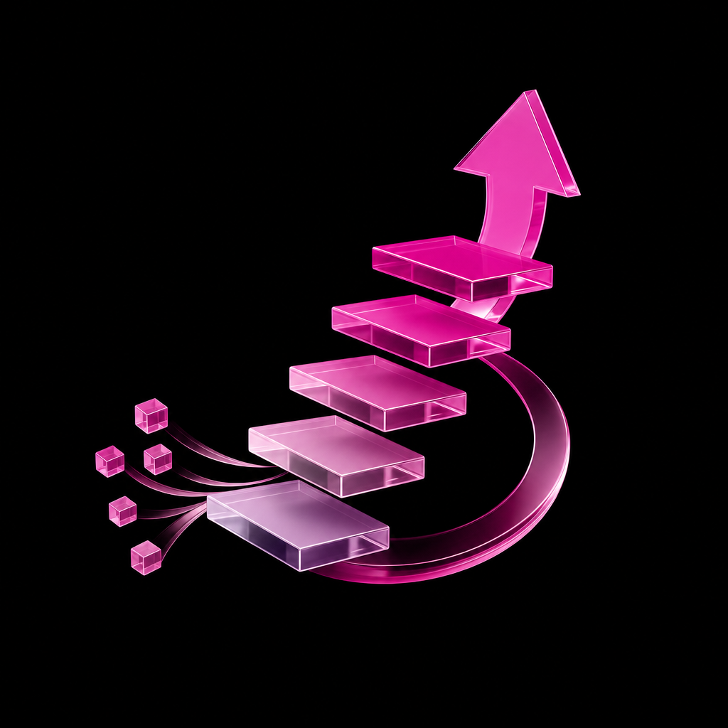 Ascending pink steps connected by an arrow representing nurtured commercial opportunities