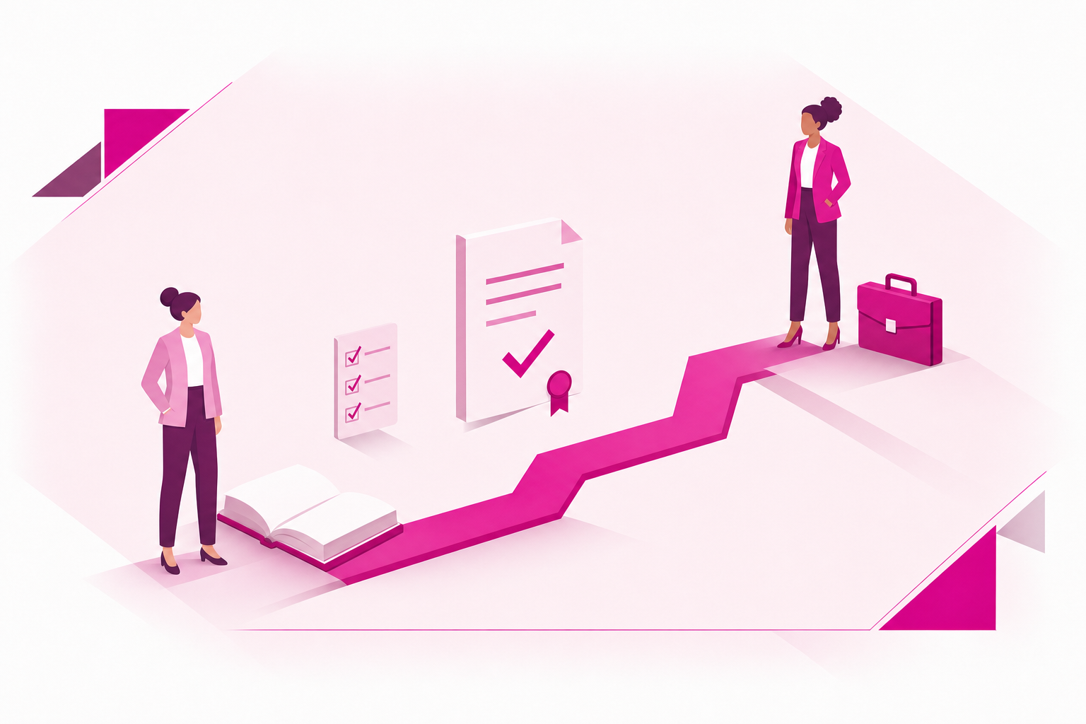 Pink and magenta pathway connecting professional experience, qualification and an assessor career, framed by a blush backdrop