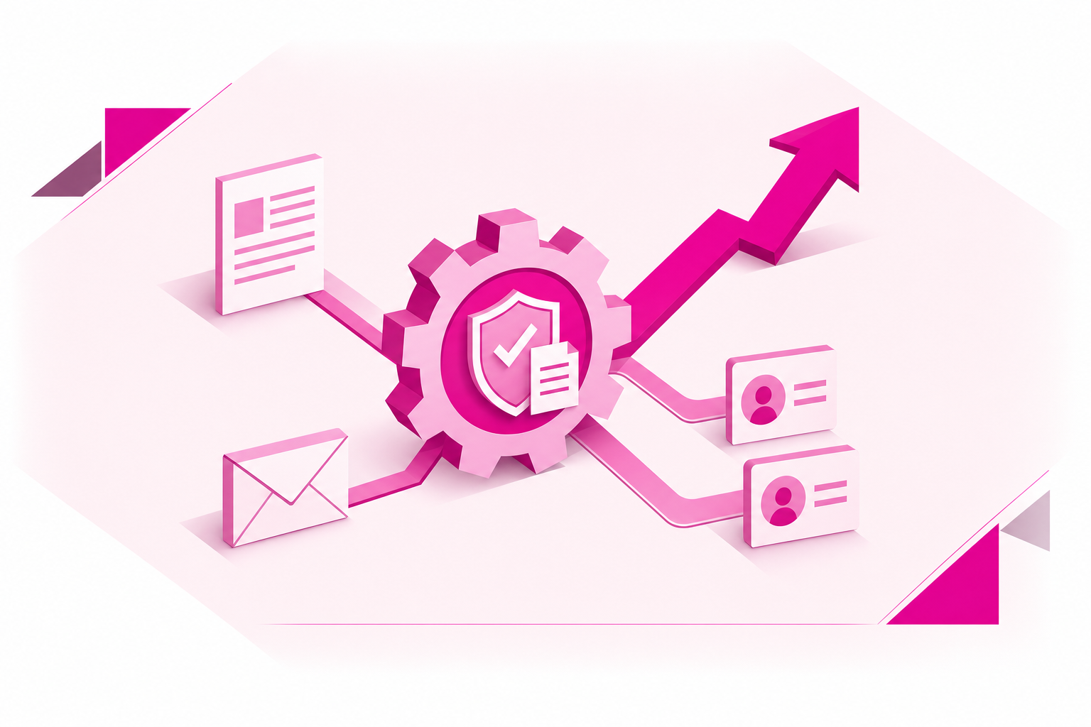 A magenta marketing engine connecting trusted payroll expertise with newsletters, email and business development, framed by a blush backdrop