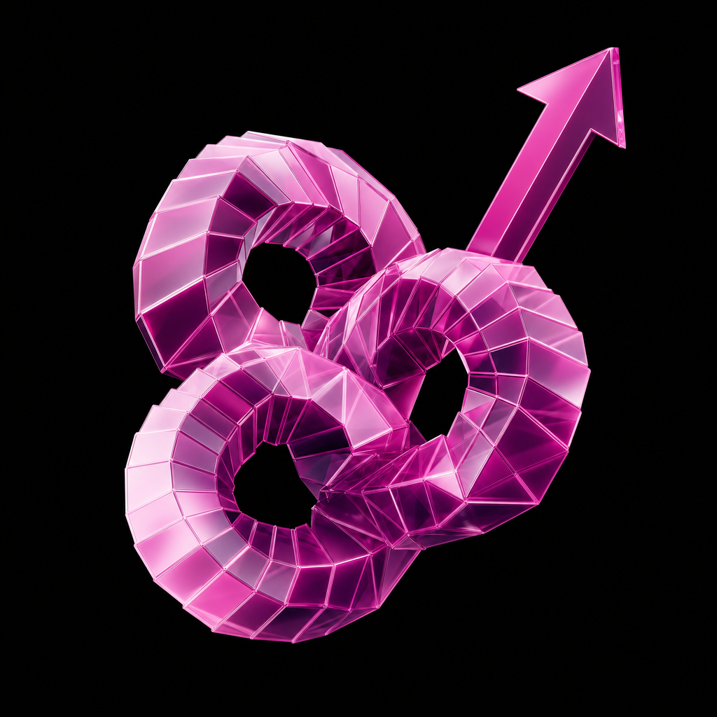 Interlocking pink geometric rings with an upward arrow representing marketing and sales alignment
