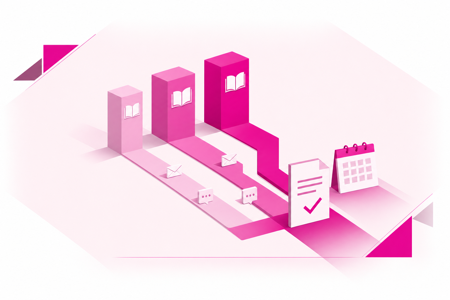 Pink and magenta programme marketing pathways leading to applications and event registrations, framed by a blush backdrop