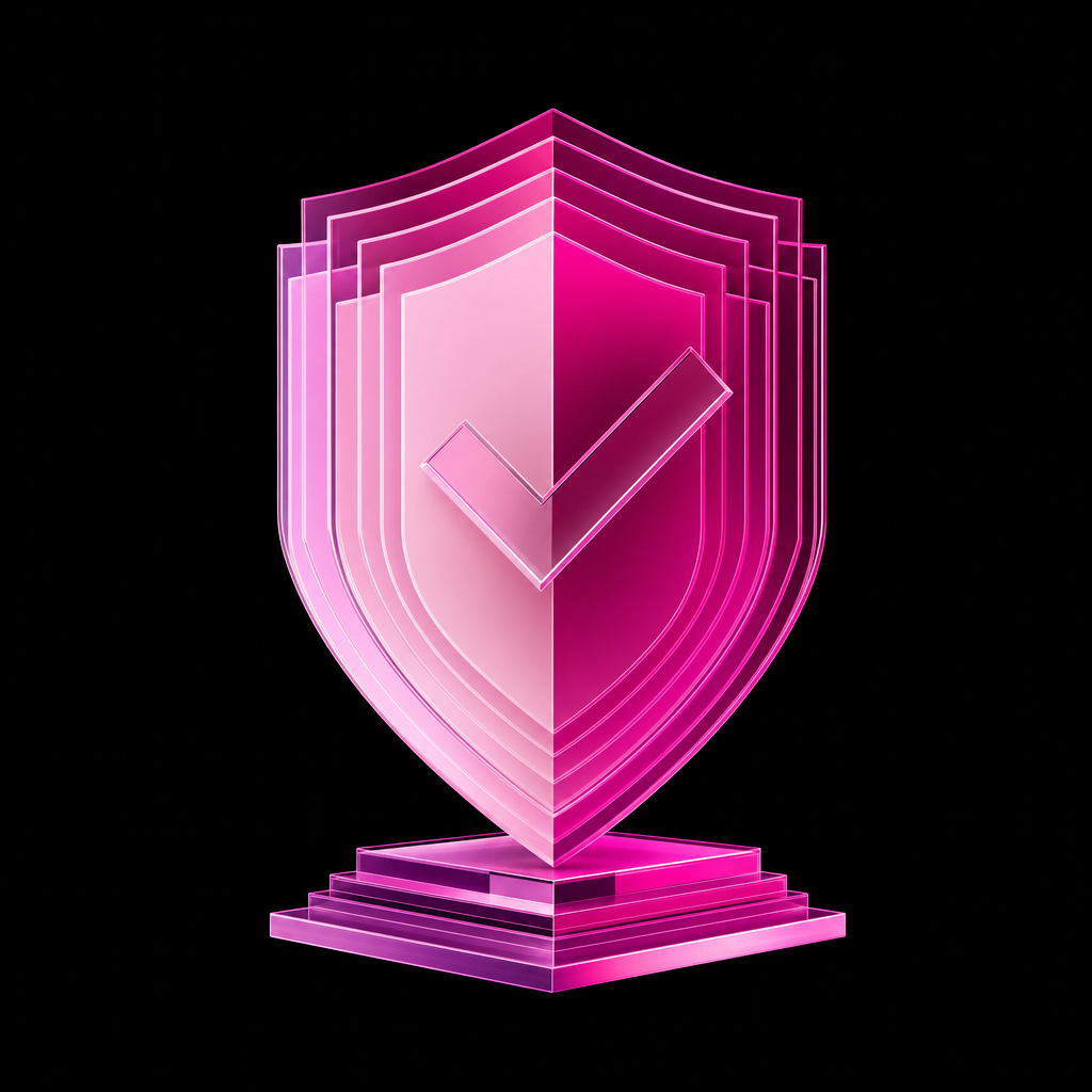 Pink geometric shield with a check mark representing credibility and trust