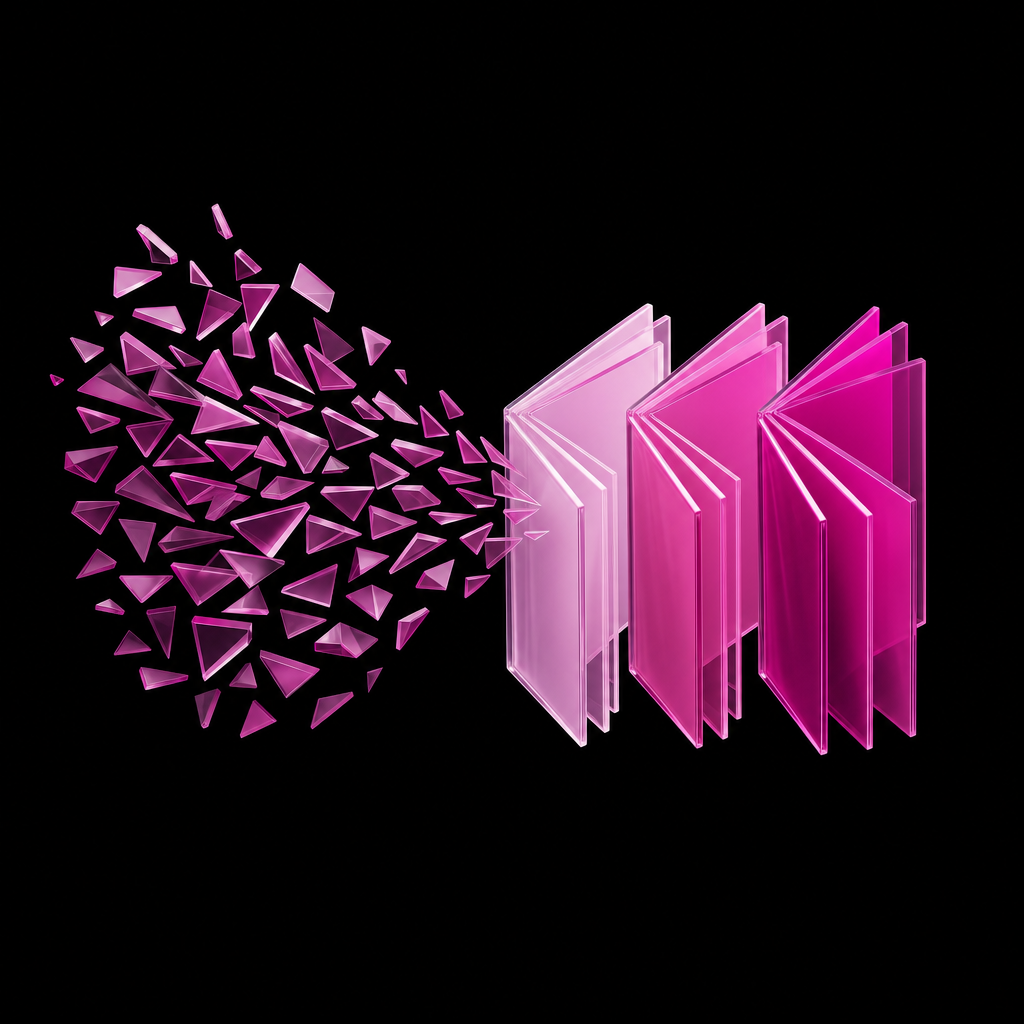 Pink geometric fragments forming organised panels, representing complex information made clear