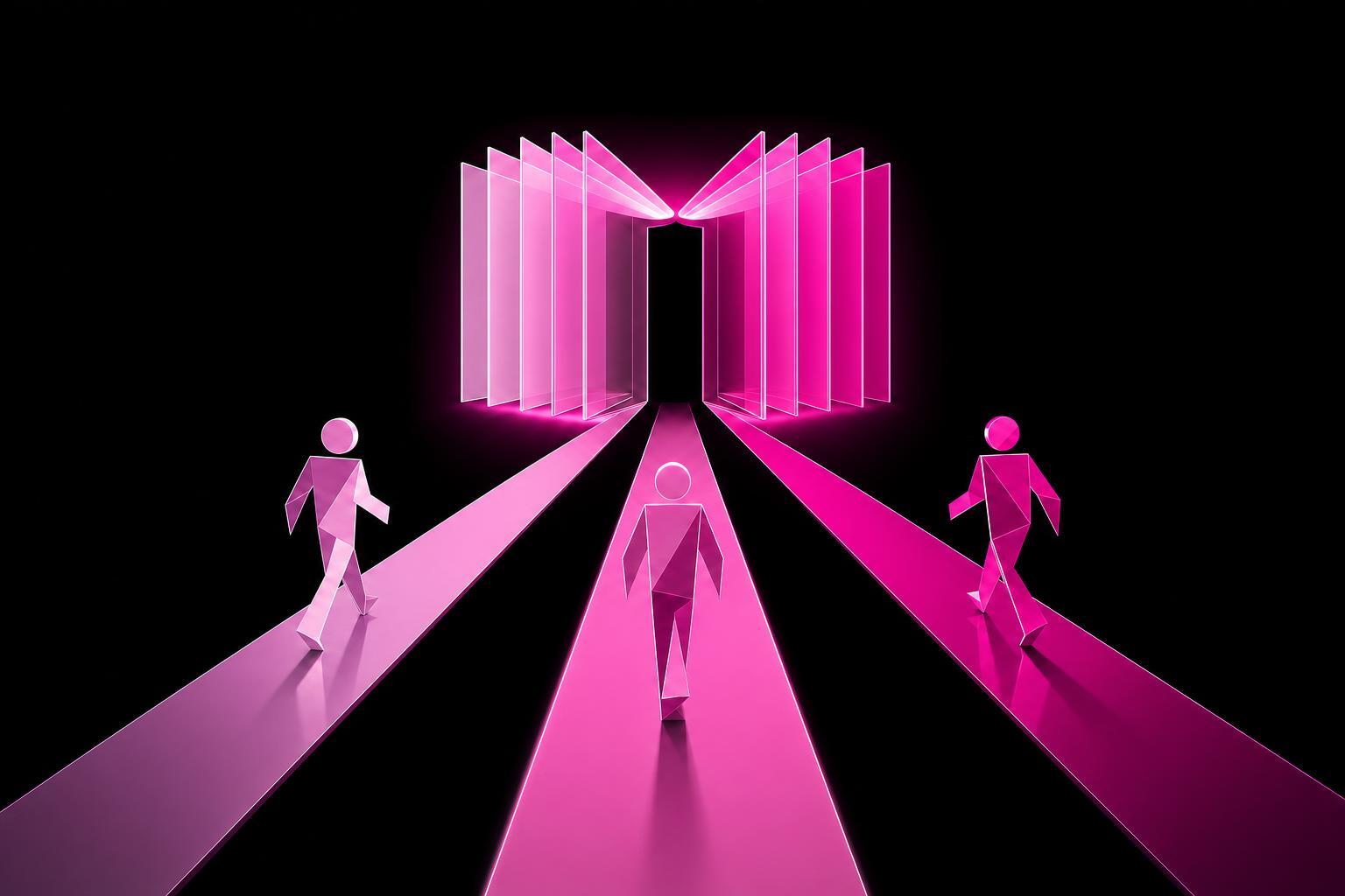 Three learners following pink pathways towards an open book gateway