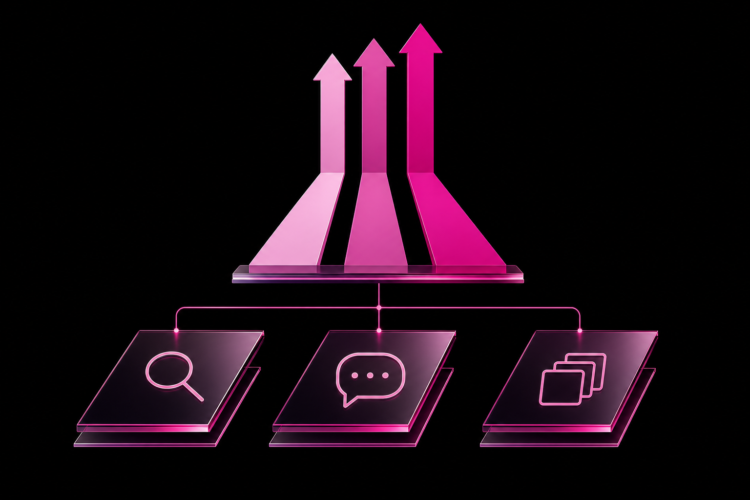 Three geometric programme tiles beneath a magenta brand emblem